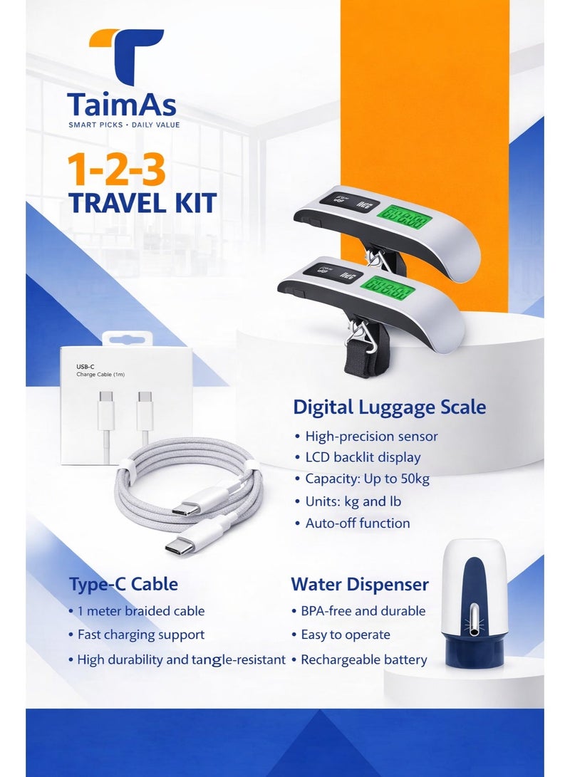 TaimAs Travel Kit Bundle – Digital Luggage Scale + USB Type-C Cable + Portable Electric Water Dispenser | Smart Travel Essentials Set - Image 2